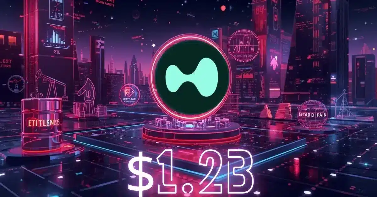 Neon pink, blue, and purple futuristic trading scene featuring the Hyperliquid logo at the center, surrounded by holographic charts, oil pumps, gold bars, and financial dashboards, with a glowing “$1.2B” indicator representing rising tokenized futures trading in commodities and equities.