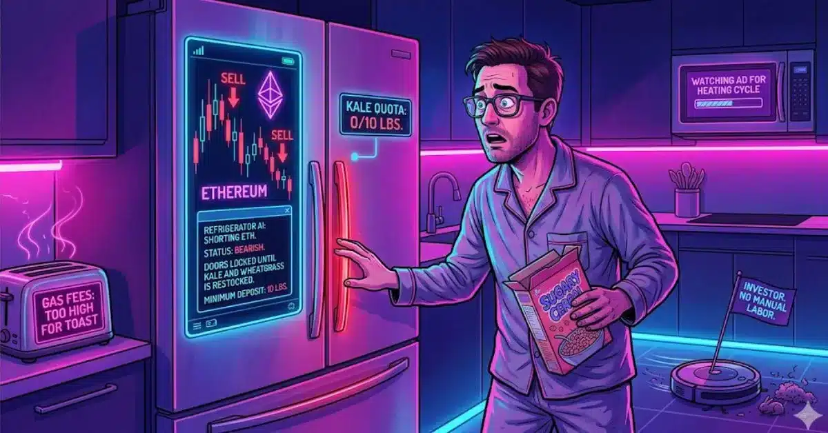 A confused man in a neon-lit kitchen looks at a smart refrigerator displaying Ethereum trading charts and “sell” signals, while other AI-powered appliances show humorous crypto-related messages about high gas fees and automated investing.