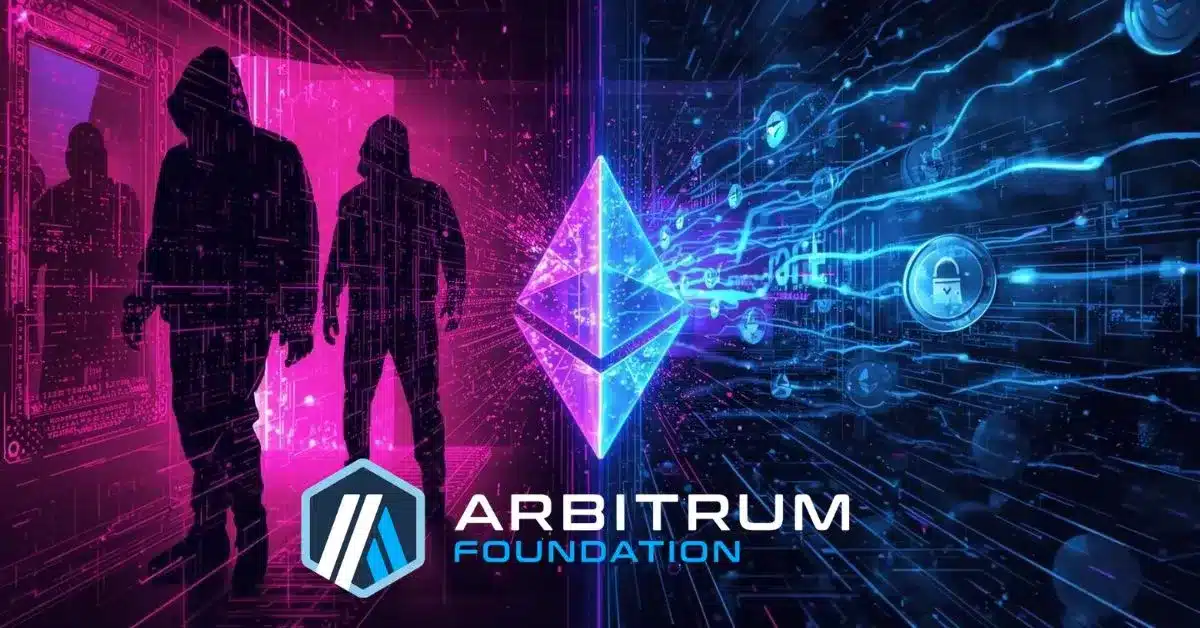 Cyberpunk-style illustration showing two shadowy hacker figures on the left in neon pink, facing a glowing Ethereum symbol at the center. Streams of digital data flow to the right in blue and purple tones toward security icons like a lock, symbolizing a blockchain exploit and intervention. The Arbitrum Foundation logo appears at the bottom, representing its role in freezing stolen crypto funds.