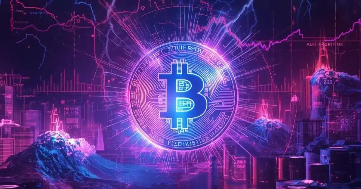Neon cyberpunk-style illustration of a glowing Bitcoin symbol at the center, surrounded by digital market charts and graphs. In the background, a futuristic cityscape blends with stylized oil rigs and waves, while lightning and fluctuating price lines suggest market volatility. The scene is dominated by bright neon pink, purple, and blue tones, emphasizing a high-tech financial environment under tension.
