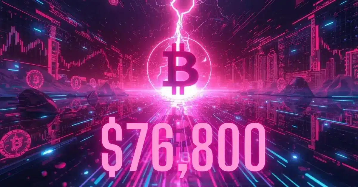 Illustration futuriste en néon rose, violet et bleu montrant le logo Bitcoin au centre, frappé par un éclair, avec le niveau de résistance “$76,800” en grand au premier plan, entouré de graphiques financiers et de données numériques dans un environnement cyberpunk.