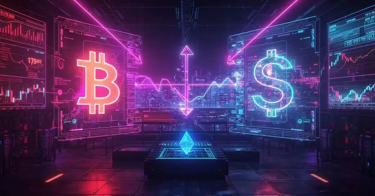 A neon cyberpunk scene featuring a glowing pink Bitcoin symbol on the left and a blue U.S. dollar sign on the right, with arrows and fluctuating lines between them illustrating an inverse relationship, set within a high-tech environment filled with futuristic financial charts and data screens.