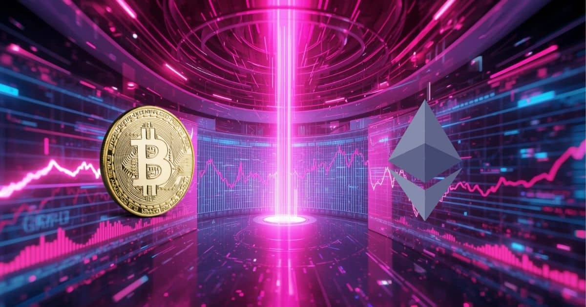 A futuristic digital environment in neon pink, purple, and blue, with screens displaying rising financial charts. At the center, a bright vertical light symbolizes market growth, surrounded by a digital coin symbol and a geometric shape representing a cryptocurrency.