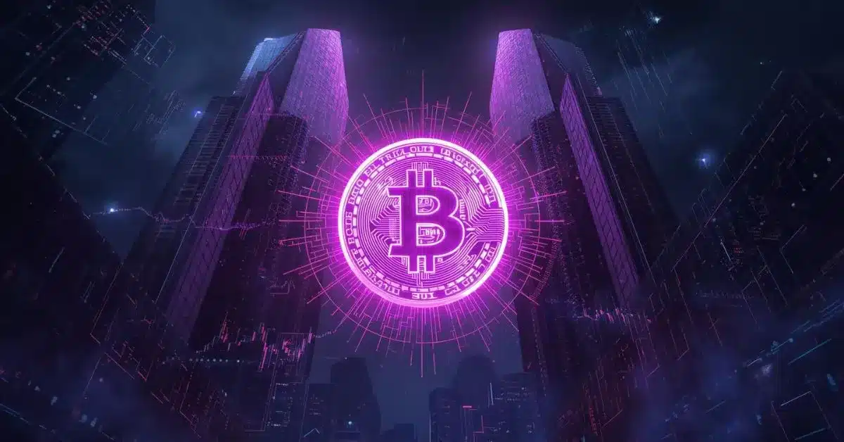 A glowing neon-purple Bitcoin symbol floating between two futuristic skyscrapers in a dark, cyberpunk-style city, surrounded by digital lines and energy effects.