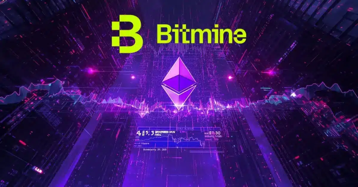 A neon cyberpunk-style digital scene with a glowing Ethereum logo floating above a futuristic trading interface. Purple, pink, and blue lights illuminate holographic price charts and data streams, while the word “Bitmine” appears prominently at the top, suggesting a crypto-focused financial platform or market environment.