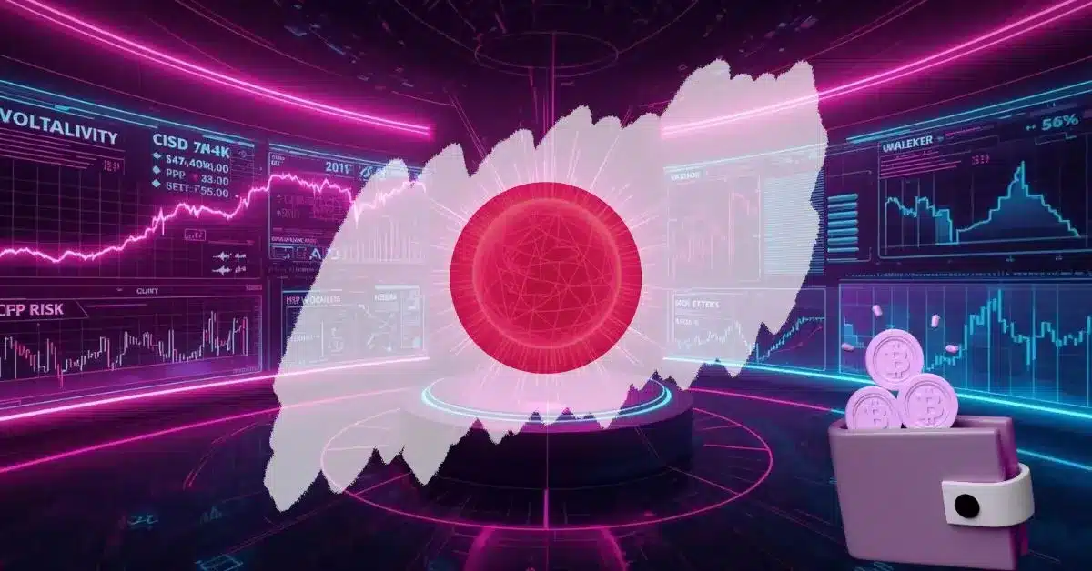 Neon pink, purple, and blue futuristic finance scene showing Japan’s map with a glowing red sun at the center. Surrounding it are holographic screens displaying volatility charts, risk metrics, and market data. In the foreground, a digital wallet with crypto coins symbolizes institutional crypto adoption amid financial risks and market fluctuations.