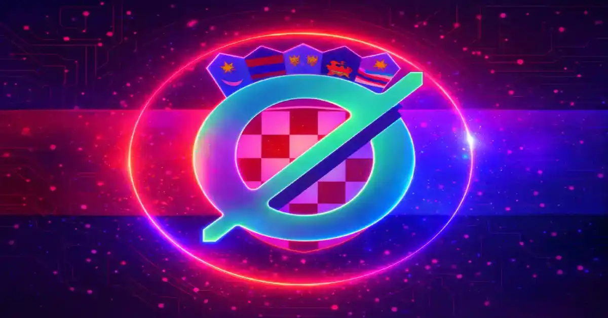 Cyberpunk Croatian flag with neon glow featuring a turquoise Ø logo over the red and white checkerboard coat of arms, surrounded by vibrant pink, purple, and blue digital lighting effects on a futuristic circuit background