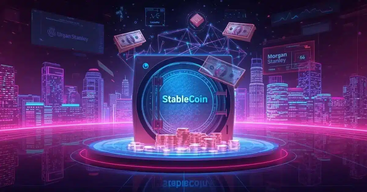 A futuristic neon-lit cityscape in pink, purple, and blue tones featuring a glowing digital vault labeled “StableCoin” at the center. The vault is surrounded by stacks of coins, floating U.S. dollar bills, and holographic financial charts, symbolizing secure digital asset reserves and the intersection of traditional finance and blockchain technology.