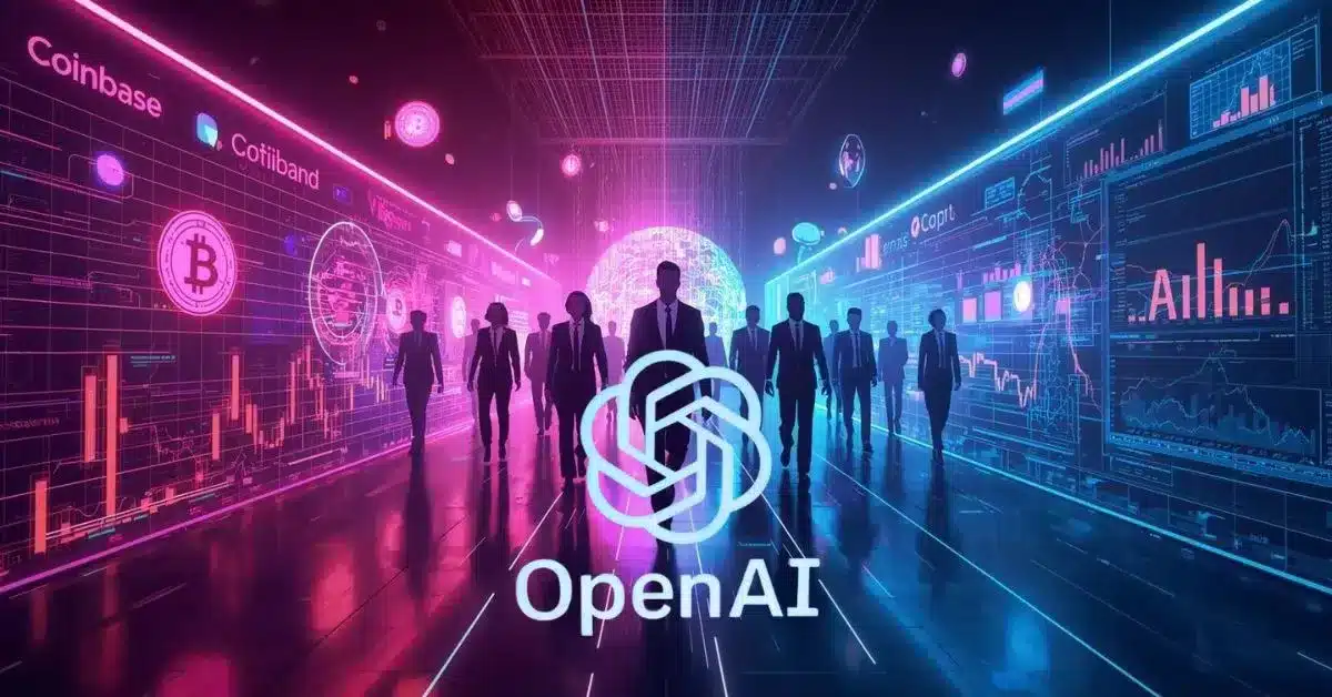A neon-lit futuristic scene showing a group of business professionals walking from a crypto-themed environment toward an AI-focused space. The left side features blockchain visuals, charts, and a Coinbase-style interface in pink tones, while the right side displays AI dashboards and data analytics in blue. At the center, the OpenAI logo glows, symbolizing a shift of talent from crypto to artificial intelligence.