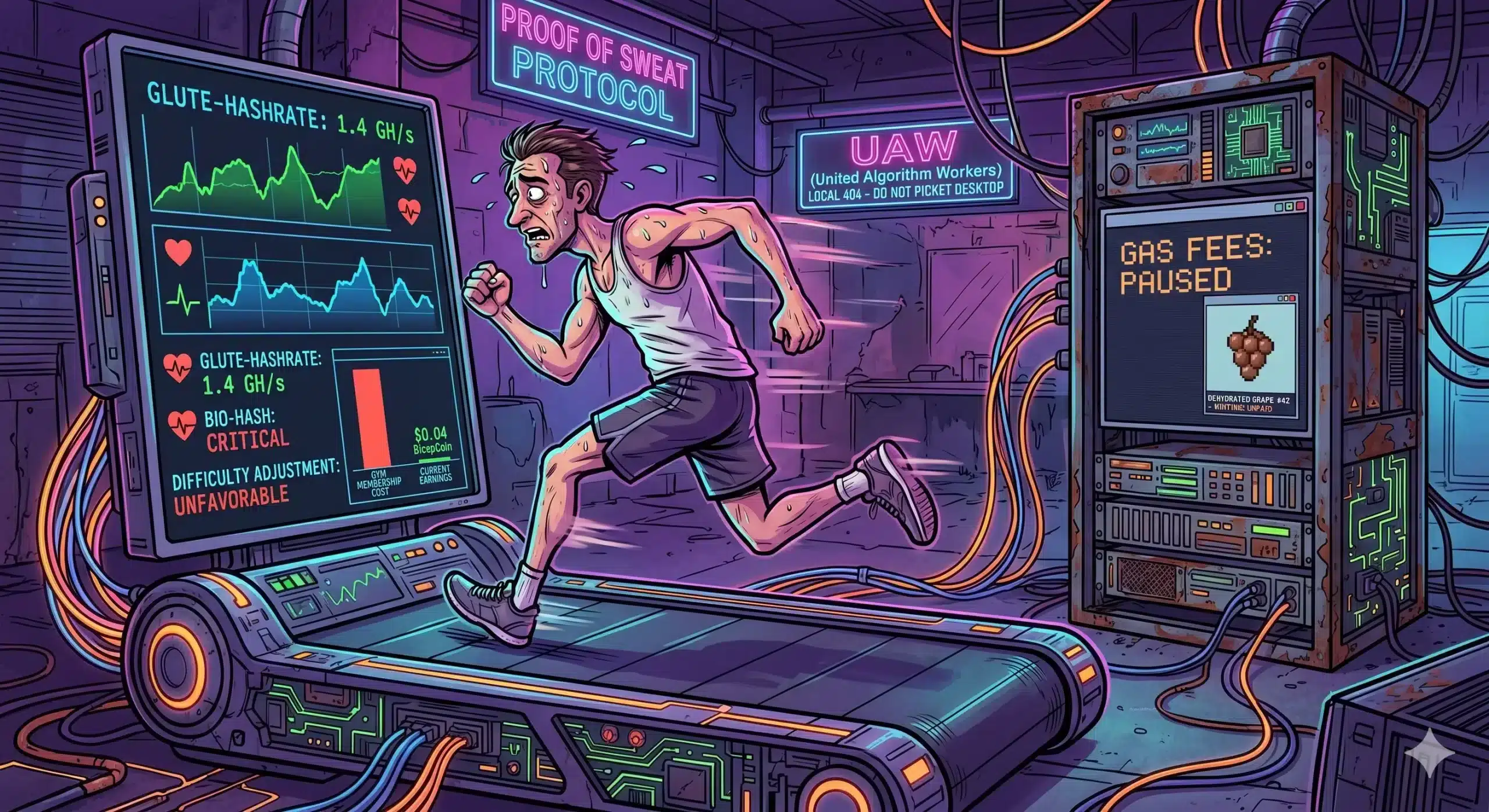 A satirical digital illustration of an exhausted man in his late 30s sprinting on a high-tech, neon-lit treadmill in a dark, grimy basement server room. The treadmill is covered in circuit boards and thick cables that connect to a large monitor. The monitor displays "GLUTE-HASHRATE: 1.4 GH/s," a "BIO-HASH: CRITICAL" warning, and a message stating "DIFFICULTY ADJUSTMENT: UNFAVORABLE." To the right, a rusted server rack shows a screen with the text "GAS FEES: PAUSED" next to a pixelated digital NFT of a dehydrated grape. The scene is lit in vibrant cyberpunk shades of purple, blue, and orange, capturing the absurdity of physical labor powering a digital economy.