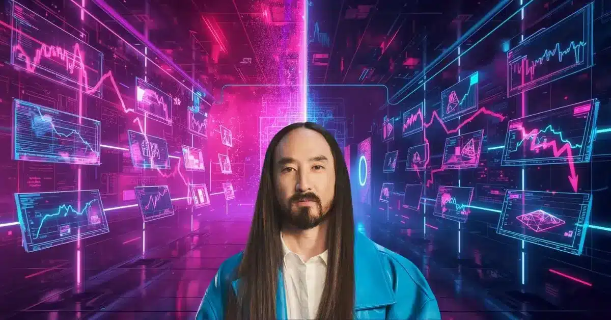 A man with long hair stands in a futuristic neon-lit digital environment, surrounded by floating screens displaying downward-trending financial charts in pink, purple, and blue tones, suggesting a decline in cryptocurrency markets.