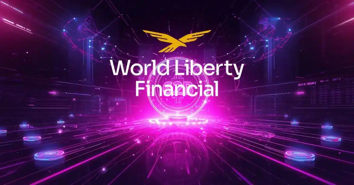 A futuristic neon-themed digital graphic featuring the text “World Liberty Financial” centered over a glowing circular crypto symbol. The scene is set in a high-tech, cyberpunk-style environment with vibrant pink, purple, and blue lighting, digital network lines, and floating interface elements. A golden eagle-like logo appears above the text, while the foreground shows illuminated pathways and abstract data visuals suggesting blockchain technology and financial innovation.