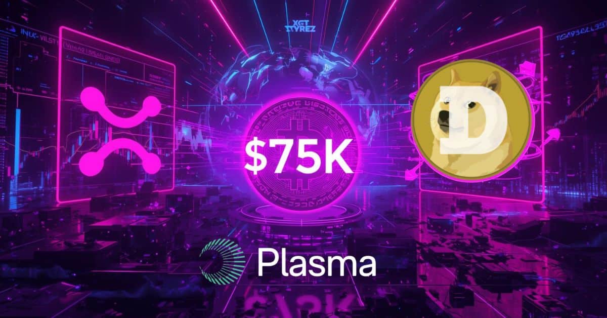 A neon, futuristic crypto-themed graphic showing a central glowing coin labeled “$75K,” surrounded by digital dashboards and charts. On the left is the XRP logo, and on the right is the Dogecoin Shiba Inu coin icon. At the bottom, the word “Plasma” appears, suggesting a platform or feature, with a high-tech cityscape and global network visuals in the background.