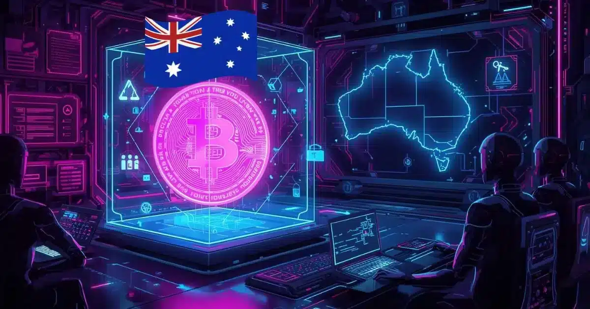 Neon cyberpunk-style illustration of a glowing pink Bitcoin enclosed in a transparent digital cube, symbolizing regulation, inside a futuristic control room. The Australian flag hovers above, while a holographic map of Australia and security icons appear on surrounding screens. Two robotic or armored figures monitor the system, with purple and blue holographic data panels and interfaces set against a dark, high-tech background.
