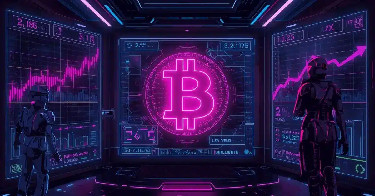 Futuristic neon cyberpunk scene featuring a glowing pink Bitcoin symbol at the center of a high-tech control room, surrounded by holographic trading charts and data panels in purple and blue. Two robotic or armored figures stand on either side observing the screens, with rising and fluctuating market graphs displayed against a dark, high-tech background.