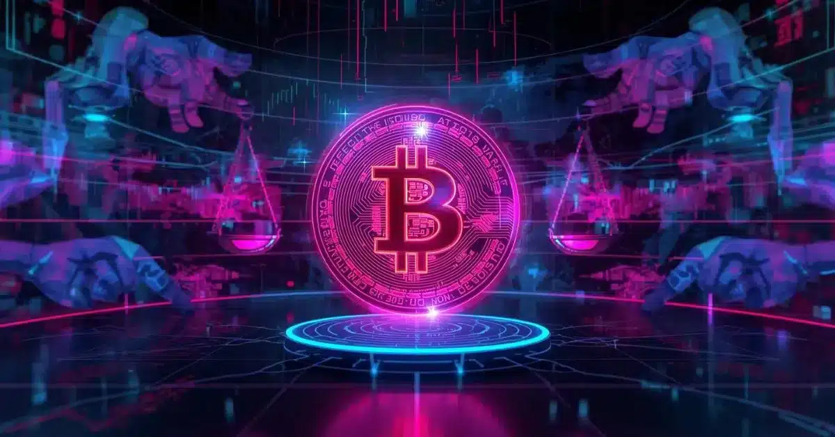 Neon cyberpunk-style illustration of a glowing Bitcoin symbol in bright pink at the center of a futuristic digital trading interface, surrounded by holographic charts and data lines. Robotic hands and balancing scales appear on both sides, symbolizing market control and equilibrium, with a color palette of neon pink, purple, and blue against a dark high-tech background.