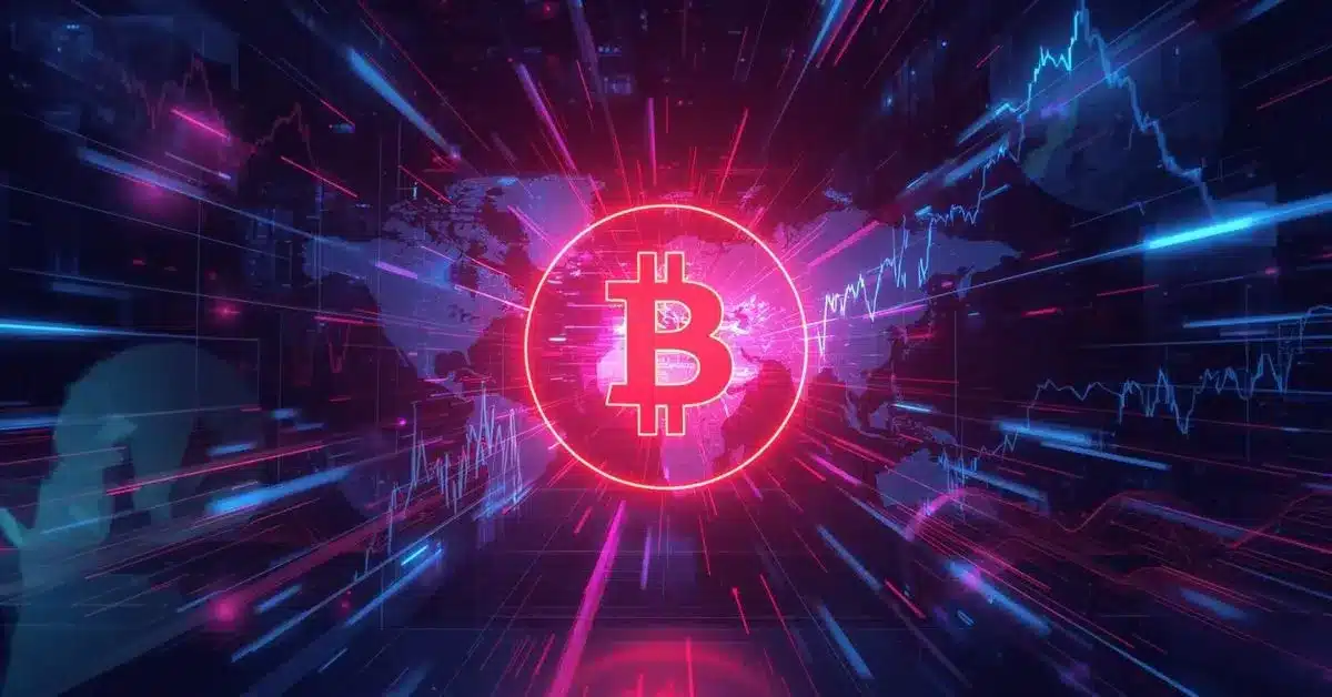 A glowing Bitcoin symbol radiates neon pink light at the center of a futuristic digital scene, with blue and purple holographic market charts and a world map in the background, representing global crypto trading and market momentum.
