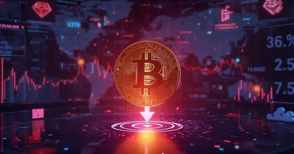 Glowing Bitcoin symbol centered in a futuristic trading interface, with a downward arrow beneath it, surrounded by red price charts, market data, and a global map background, representing a crypto market decline and bearish momentum.
