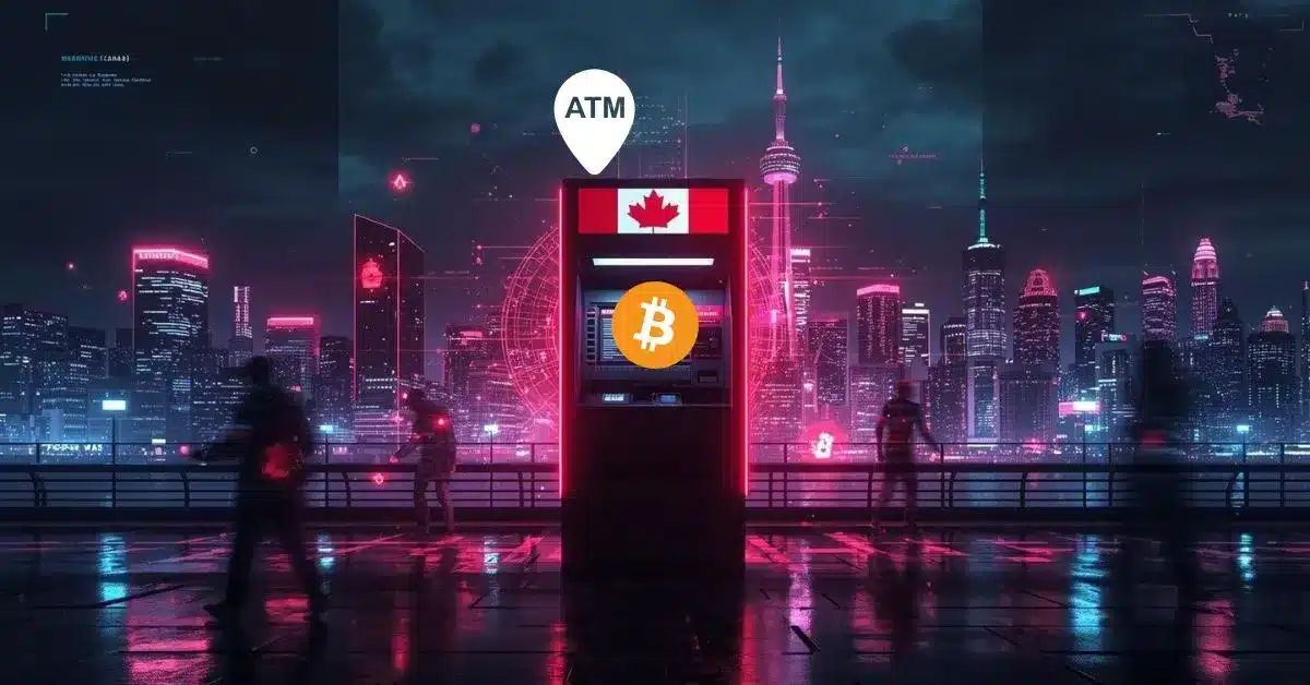 Futuristic neon-lit city skyline at night with a glowing crypto ATM in the center displaying a Bitcoin symbol and a Canadian flag, surrounded by blurred figures and digital interface graphics in pink, purple, and blue tones.