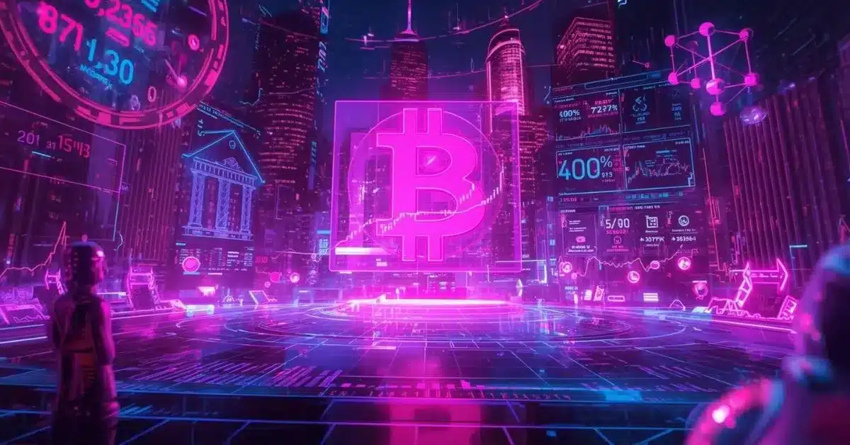 Neon cyberpunk-style digital trading scene with a glowing pink Bitcoin symbol at the center, surrounded by futuristic financial charts, data dashboards, and holographic economic indicators in purple and blue tones, set against a high-tech city skyline at night.