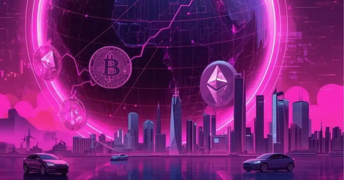 Futuristic neon illustration in pink, purple, and blue tones showing a glowing digital globe above a modern city skyline, with holographic Bitcoin and Ethereum symbols floating in front. Electric cars drive in the foreground while bright financial charts and data lines wrap around the globe, conveying a high-tech, volatile cryptocurrency market atmosphere.