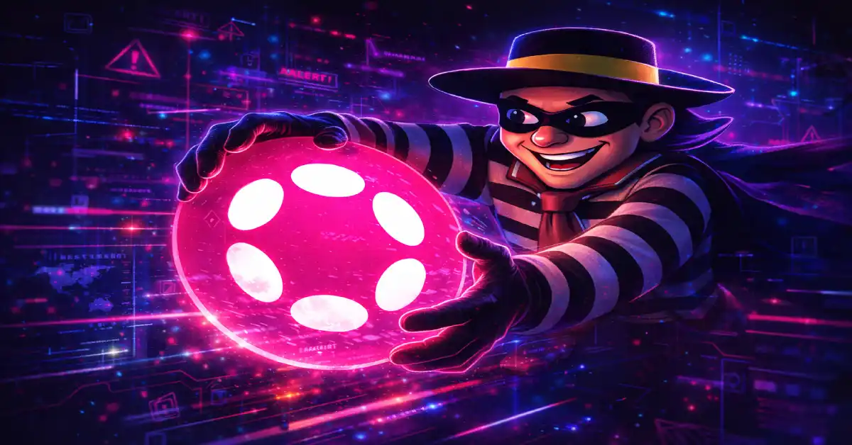 A cyberpunk-style illustration of a masked thief stealing a glowing Polka logo, surrounded by neon pink, purple, and blue digital effects, representing Polka crypto activity, security risks, and blockchain trends.