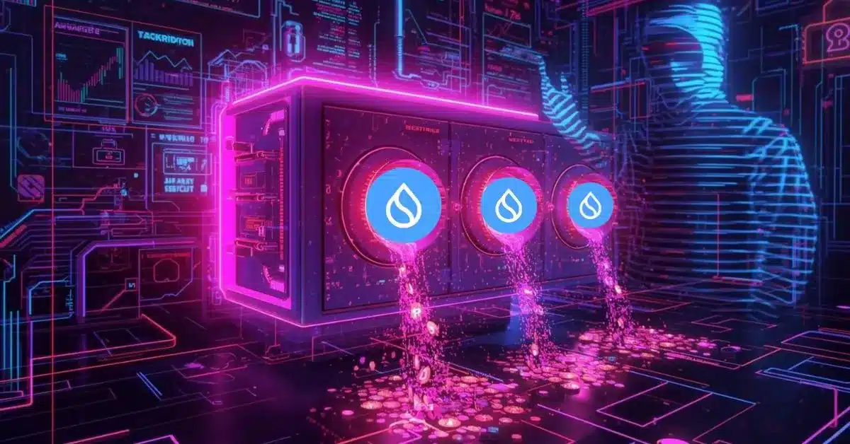 A neon cyberpunk illustration of a digital crypto vault being hacked, glowing in pink, purple, and blue. Three circular vault ports display Sui blockchain logos while streams of digital coins spill out onto the ground. A holographic hacker figure looms in the background, surrounded by futuristic data screens and blockchain interface graphics, suggesting a high-tech security breach.
