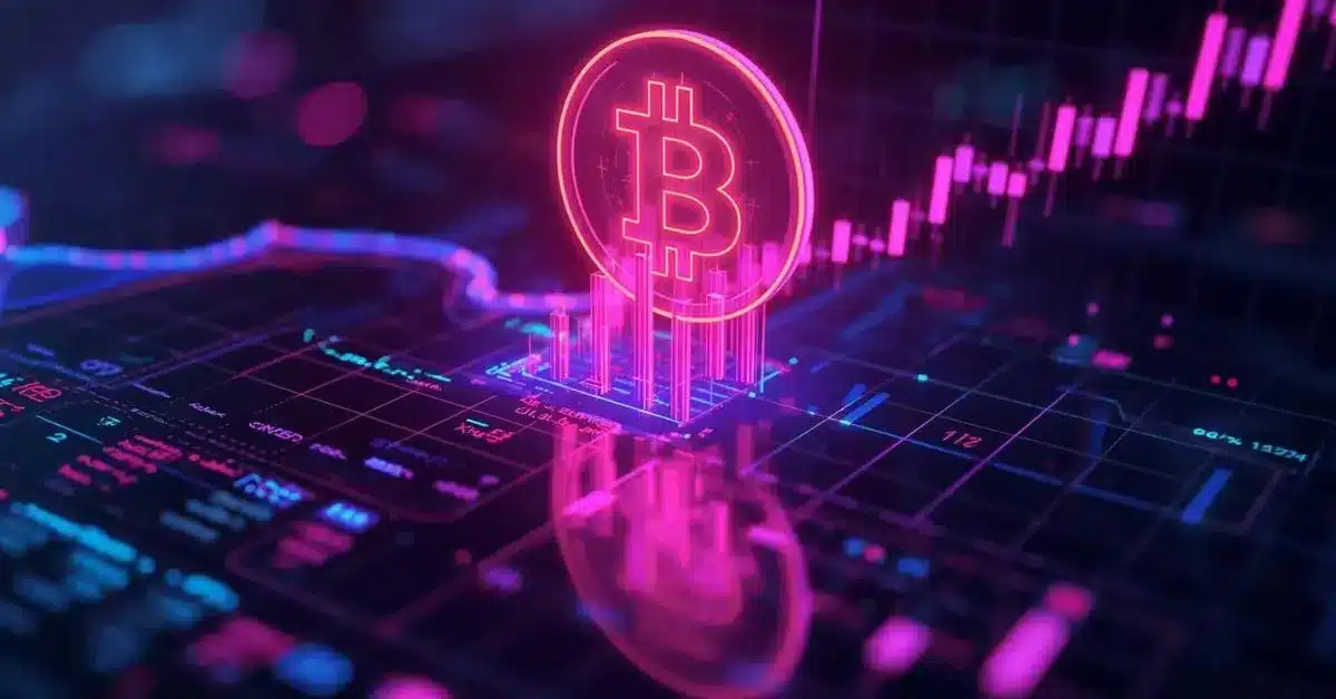 Neon pink and blue digital illustration of a glowing Bitcoin symbol above rising financial charts, representing cryptocurrency ETF inflows and market recovery trends.