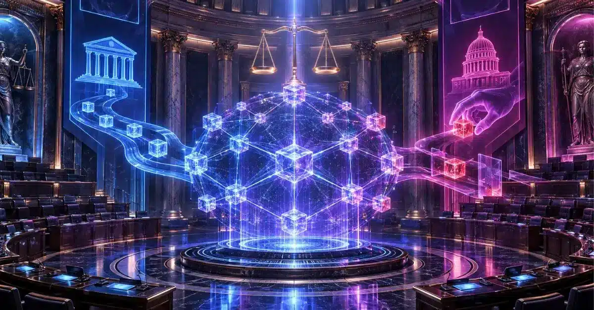 Futuristic DeFi network under U.S. Senate regulatory oversight in neon purple, blue and pink.