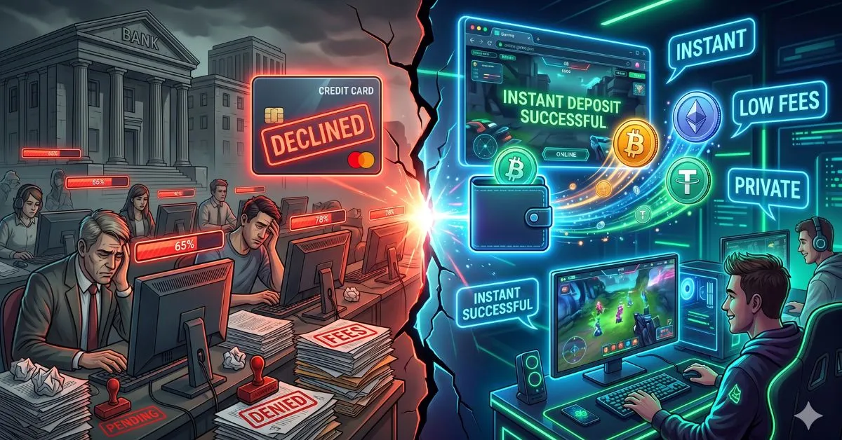 A split-scene illustration contrasts traditional banking and crypto for online gaming. On the left, frustrated users in a dull office face declined credit card payments, delays, and fees. On the right, a gamer enjoys instant crypto deposits with digital coins, low fees, and private transactions in a vibrant, futuristic setup
