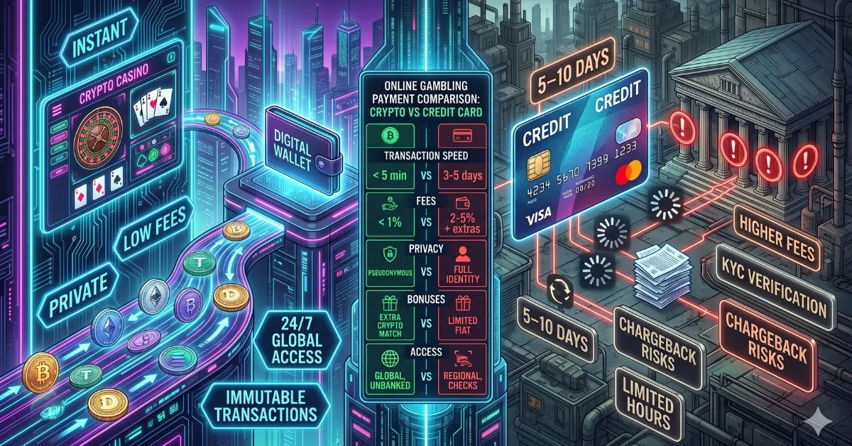 A split-screen illustration comparing crypto and credit card payments for online gambling. The left side shows a futuristic crypto casino with instant transactions, low fees, privacy, and digital coins flowing to a wallet. The right side shows a traditional banking setup with a credit card, slower processing times (5–10 days), higher fees, KYC verification, and chargeback risks.