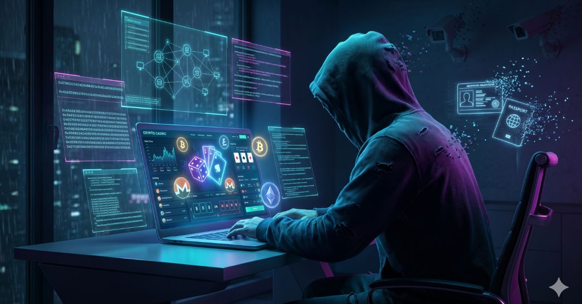 A hooded person sits at a desk using a laptop displaying a crypto casino interface, surrounded by floating holographic screens showing blockchain data, cryptocurrency symbols, and digital identity elements, in a dark, neon-lit cyberpunk environment suggesting online anonymity and privacy.