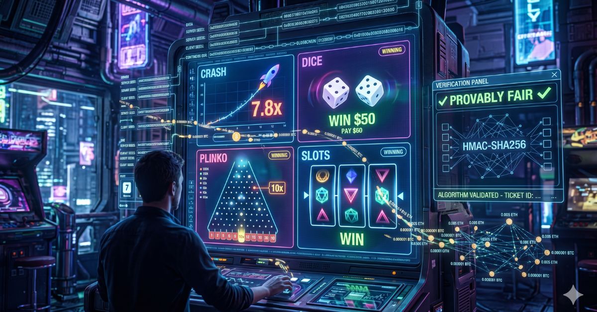 A futuristic crypto casino interface shows games like Crash, Dice, Plinko, and Slots on a large digital screen, with a player interacting in a neon-lit environment. A side panel displays ‘Provably Fair’ verification with cryptographic elements and HMAC-SHA256, illustrating transparent and verifiable game outcomes.