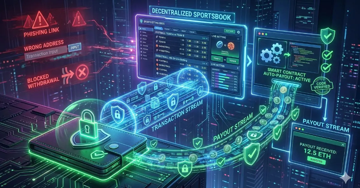 A futuristic illustration of crypto sports betting security showing a wallet sending funds through a protected blockchain transaction stream to a decentralized sportsbook interface, with encrypted pathways, security shields, and smart contract auto-payout. Red warning icons highlight risks like phishing, wrong address, and blocked withdrawals, while green checkmarks confirm secure transactions and successful payout.