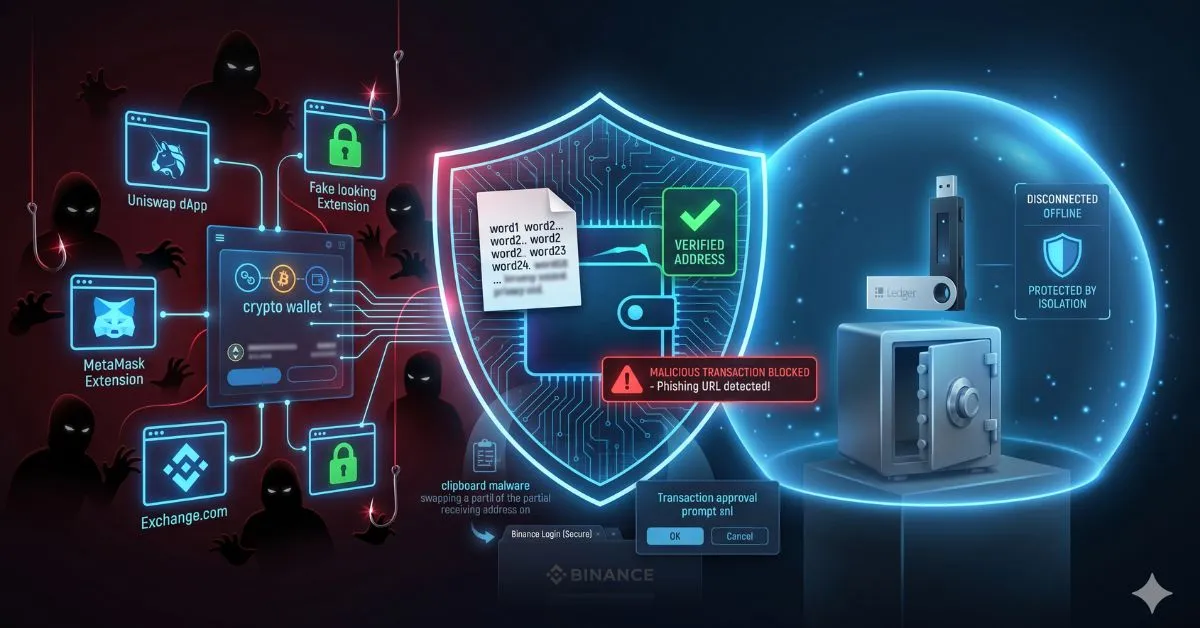 A cybersecurity-themed illustration shows crypto wallet protection. On the left, shadowy hackers, phishing links, fake extensions, and malware target a digital wallet. In the center, a shield verifies a secure address and blocks malicious transactions. On the right, a hardware wallet sits in a protected vault labeled offline and isolated, representing secure storage.
